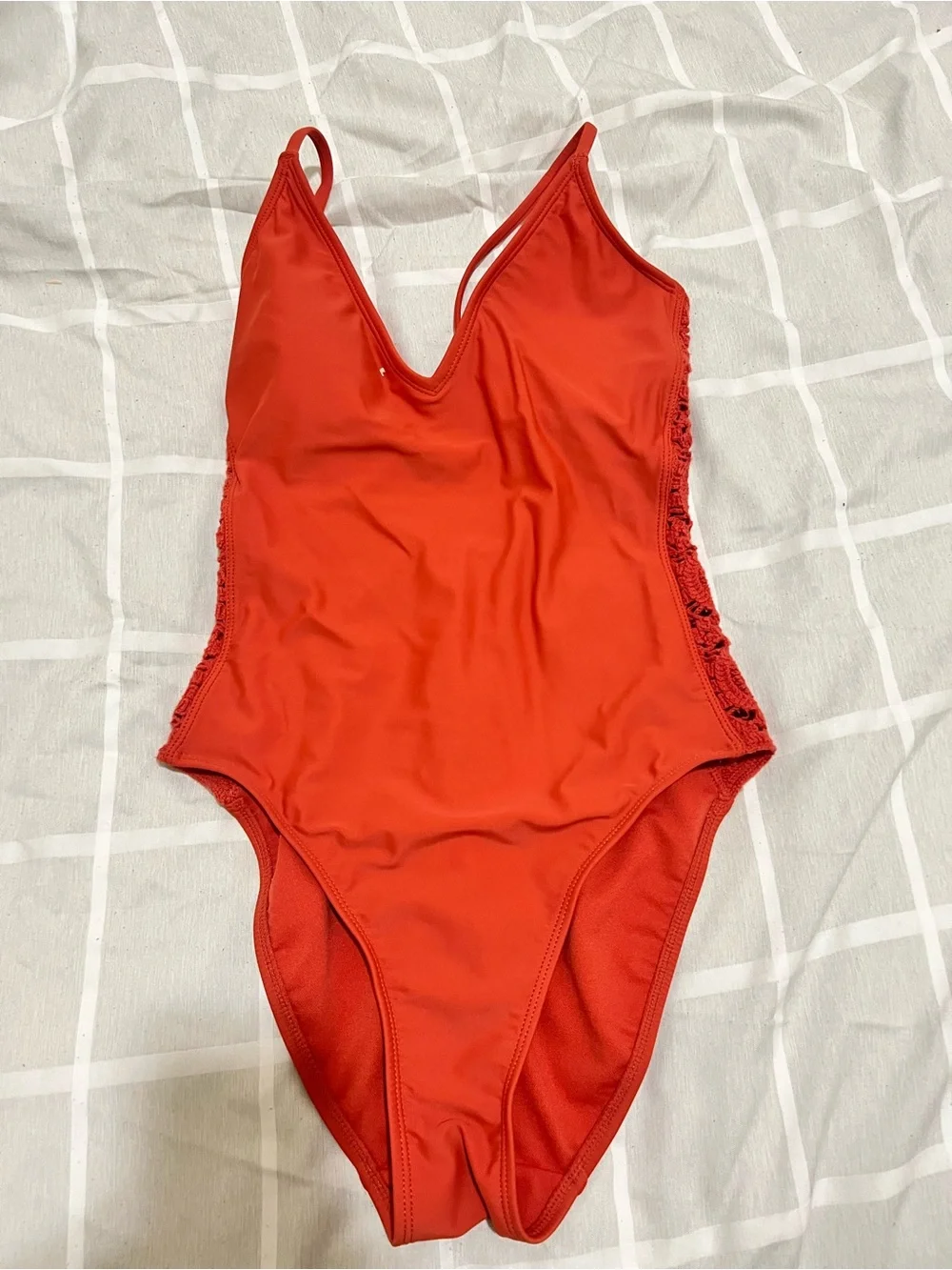 Red V-Neck One-Piece Swimsuit with Side Crochet Detail